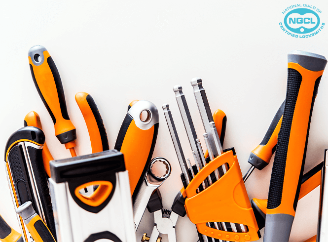 A selection of tools on a blue background